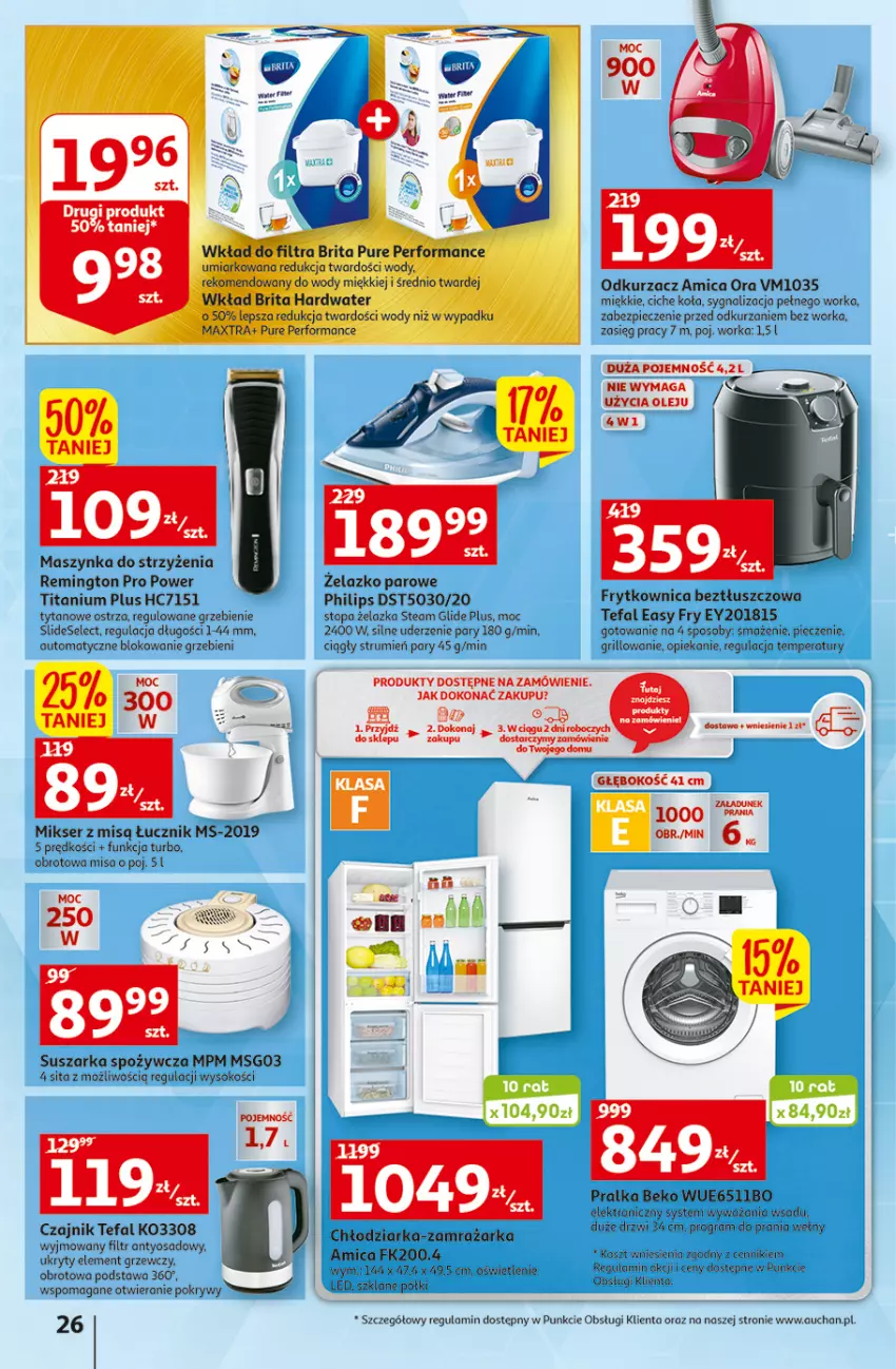 Gazetka promocyjna Auchan - Szkoła oszczędzania Temat PrzeSmaczne oferty Hipermarkety - ważna 04.08 do 10.08.2022 - strona 26 - produkty: Amica, Beko, Brit, Brita, Chłodziarka, Czajnik, Drzwi, Fa, Gra, Grill, K2, Kosz, Maszynka, Mikser, Mikser z misą, Odkurzacz, Olej, Orka, Philips, Piec, Pralka, Pur, Remington, Rum, Ser, Sok, Suszarka, Szynka, Tefal, Top, Tytan, Zamrażarka