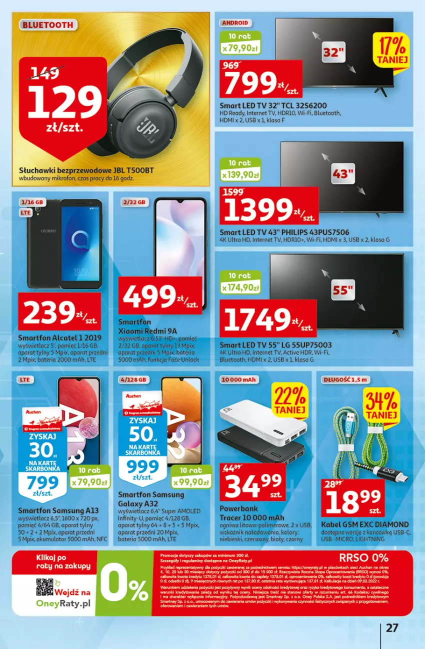 Gazetka promocyjna Auchan - Szkoła oszczędzania Temat PrzeSmaczne oferty Hipermarkety - ważna 04.08 do 10.08.2022 - strona 27 - produkty: Acer, Akumulator, Amol, Bateria, Fa, Gala, HD ready, JBL, Kosz, LED TV, LG, Mikrofon, Philips, Powerbank, Samsung, Ser, Słuchawki, Słuchawki bezprzewodowe, Smartfon