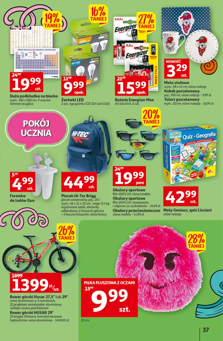 Gazetka promocyjna Auchan - Szkoła oszczędzania Temat PrzeSmaczne oferty Hipermarkety - ważna 04.08 do 10.08.2022 - strona 37 - produkty: Biurko, Energizer, Hi-Tec, Klej, Kubek, Lakier, Mały Geniusz, Plecak, Podkład, Podkładka, Por, Quiz, Rama, Rower, Sport, Talerz, Waga