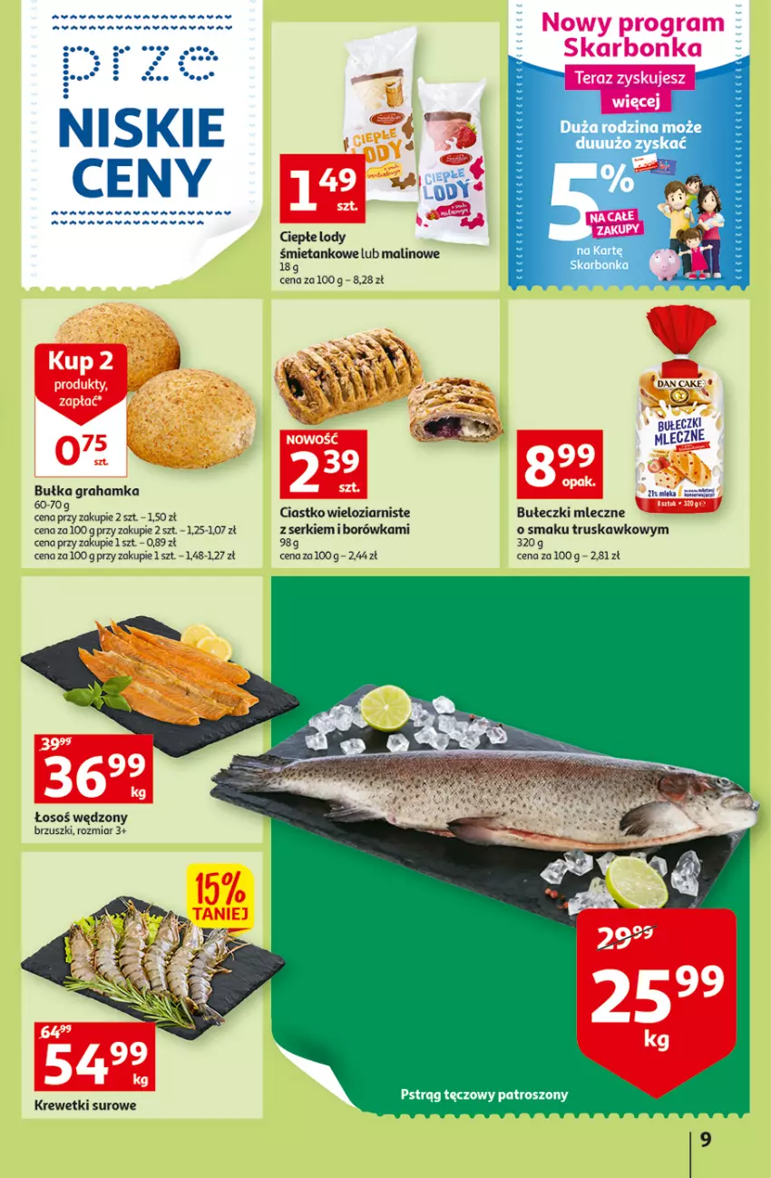 Gazetka promocyjna Auchan - Szkoła oszczędzania Temat PrzeSmaczne oferty Hipermarkety - ważna 04.08 do 10.08.2022 - strona 9 - produkty: Borówka, Bułeczki, Bułeczki mleczne, Bułka, Bułka grahamka, Ciepłe lody, Gra, Krewetki, Lody, Ser, Tera