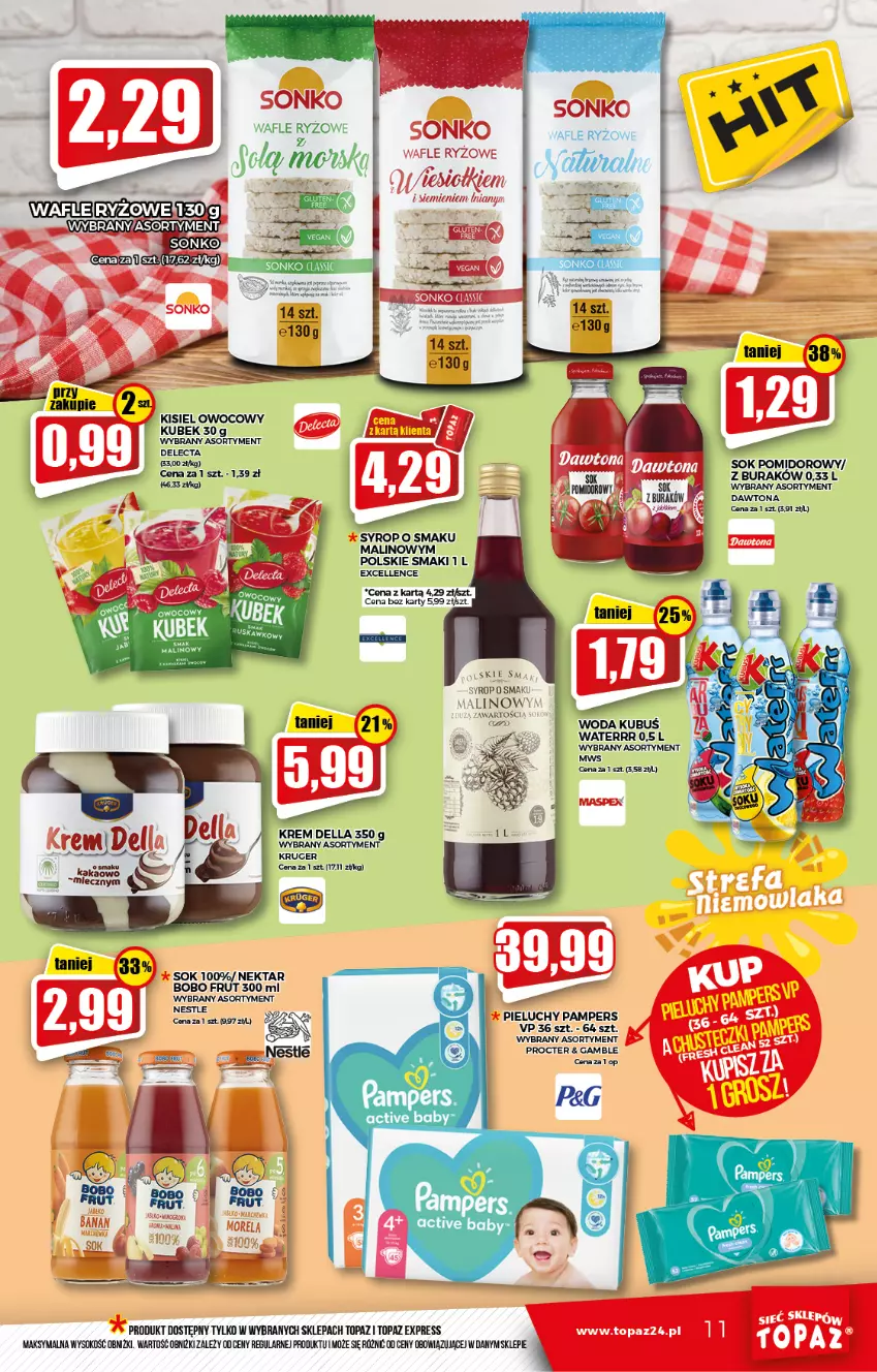 Gazetka promocyjna Topaz - Gazetka - ważna 27.01 do 02.02.2022 - strona 11 - produkty: Dawtona, Delecta, Dell, Kisiel, Kubek, Kubuś, Kubuś Waterrr, Pampers, Pieluchy, Ryż, Sok, Sok pomidorowy, Sonko, Syrop, Top, Wafle, Woda