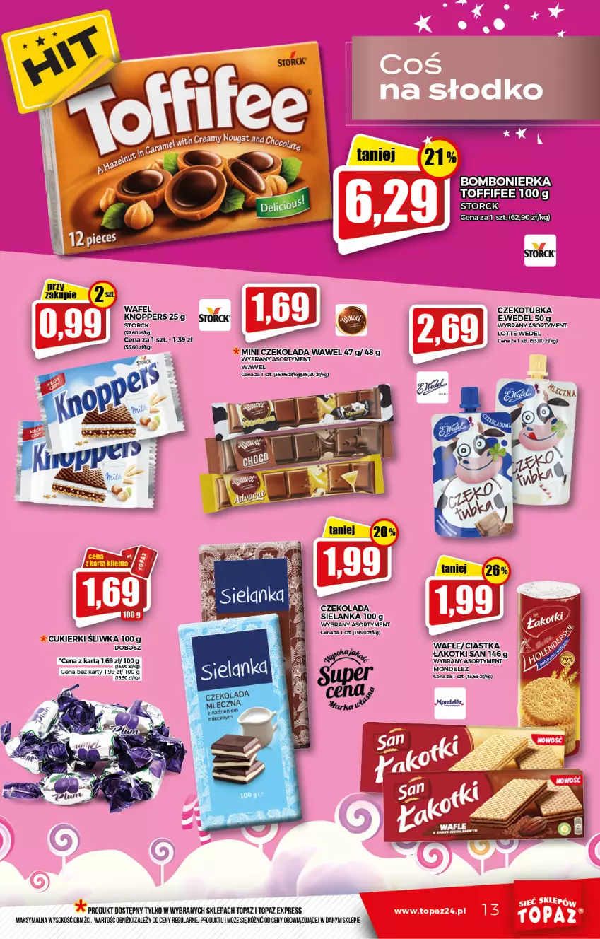 Gazetka promocyjna Topaz - Gazetka - ważna 27.01 do 02.02.2022 - strona 13 - produkty: Ciastka, Cukier, Cukierki, Czekolada, Knoppers, Sok, Toffifee, Top, Wafle, Wawel