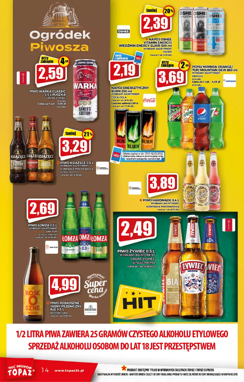 Gazetka promocyjna Topaz - Gazetka - ważna 27.01 do 02.02.2022 - strona 14 - produkty: Fa, Gra, Kosz, Książęce, Mirinda, Oshee, Pepsi, Piwa, Piwo, Pur, Sok, Top, Warka