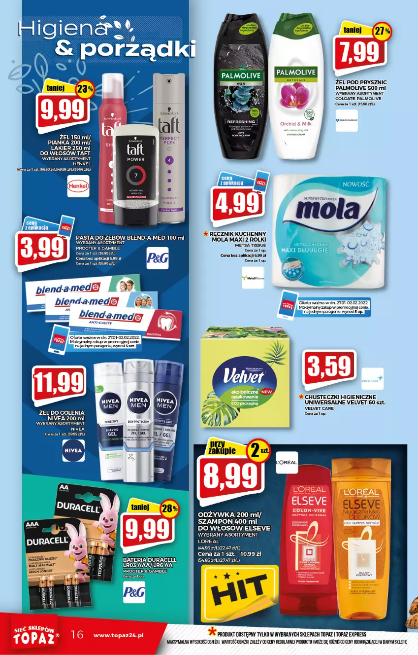 Gazetka promocyjna Topaz - Gazetka - ważna 27.01 do 02.02.2022 - strona 16 - produkty: Bateria, Blend-a-Med, Chusteczki, Colgate, Duracell, Elseve, LG, Mola, Nivea, Odżywka, Palmolive, Pasta do zębów, Ręcznik, Ręcznik kuchenny, Rolki, Sok, Szampon, Taft, Top, Velvet