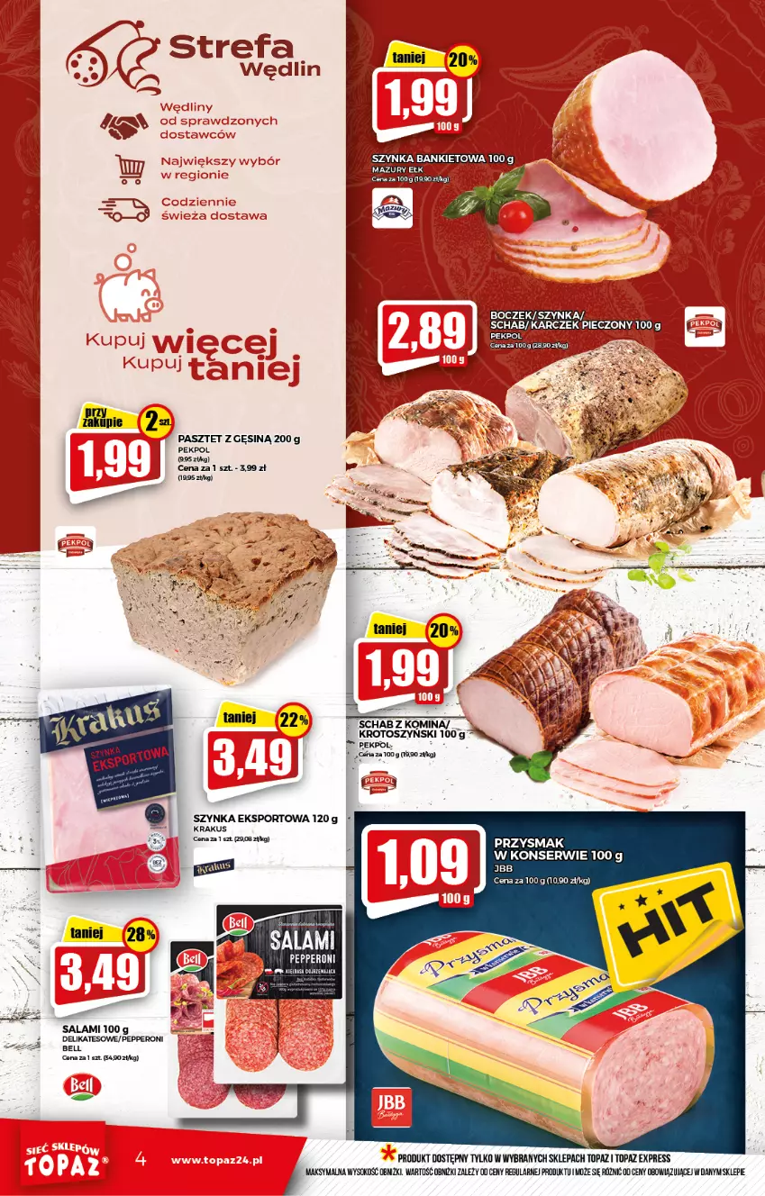 Gazetka promocyjna Topaz - Gazetka - ważna 27.01 do 02.02.2022 - strona 4 - produkty: Bell, Fa, Krakus, Pasztet, Pekpol, Por, Salami, Ser, Sport, Szynka, Top