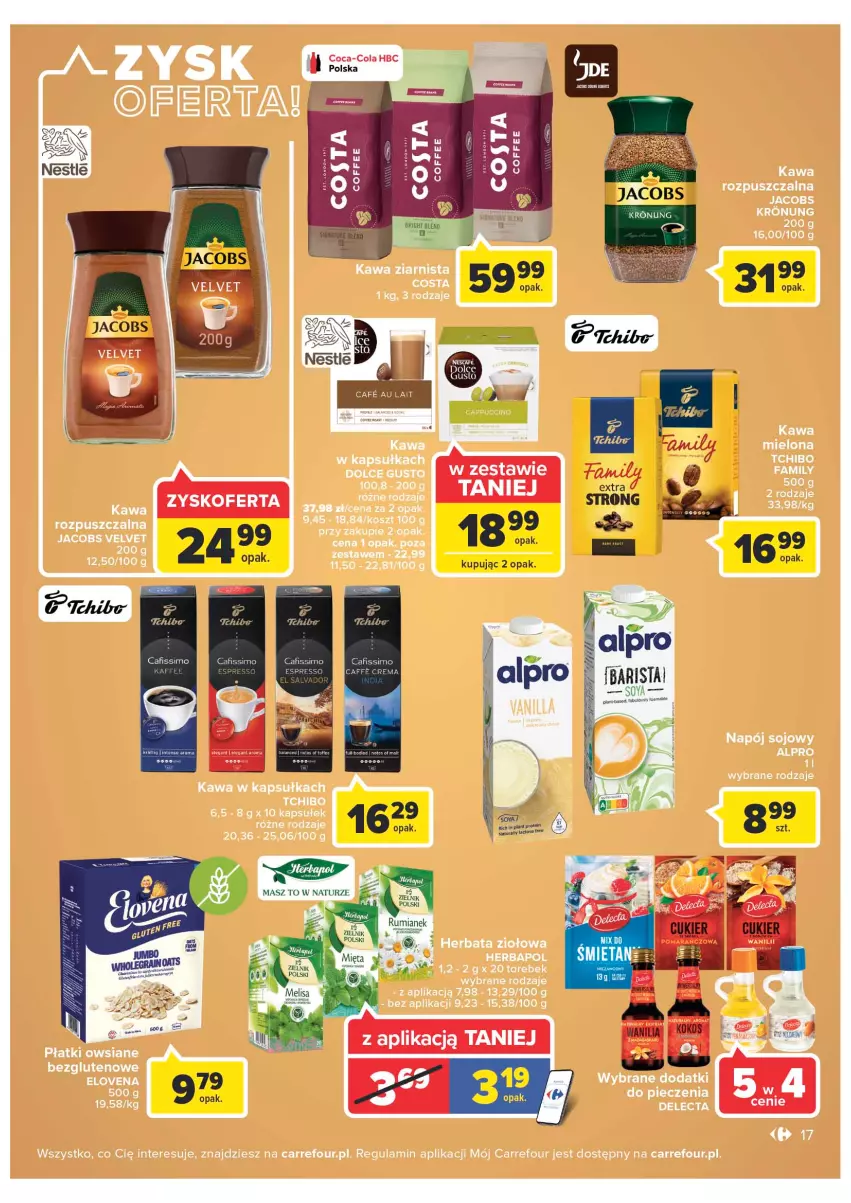 Gazetka promocyjna Carrefour - Gazetka Carrefour Zyskoteka - ważna 11.10 do 15.10.2022 - strona 17 - produkty: Alpro, Delecta, Dolce Gusto, Herbapol, Jacobs, Jacobs Velvet, Kawa, Kawa rozpuszczalna, Kosz, LG, Napój, Piec, Płatki owsiane, Tchibo, Velvet