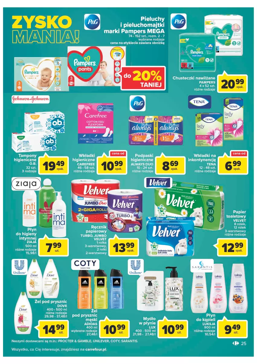 Gazetka promocyjna Carrefour - Gazetka Carrefour Zyskoteka - ważna 11.10 do 15.10.2022 - strona 25 - produkty: Always, Carefree, Chusteczki, Dove, Eleo, O.B., Pampers, Papier, Pieluchy, Podpaski, Rolki, Ser, Tampony, Velvet, Wkładki, Ziaja