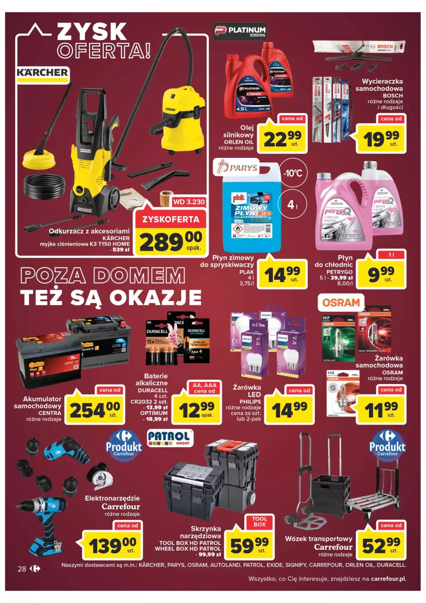 Gazetka promocyjna Carrefour - Gazetka Carrefour Zyskoteka - ważna 11.10 do 15.10.2022 - strona 28 - produkty: Akumulator, Bosch, Duracell, Myjka ciśnieniowa, Odkurzacz, Olej, Olej silnikowy, Philips, Płyn do spryskiwaczy, Płyn zimowy, Por, Sport, Tran, Wózek