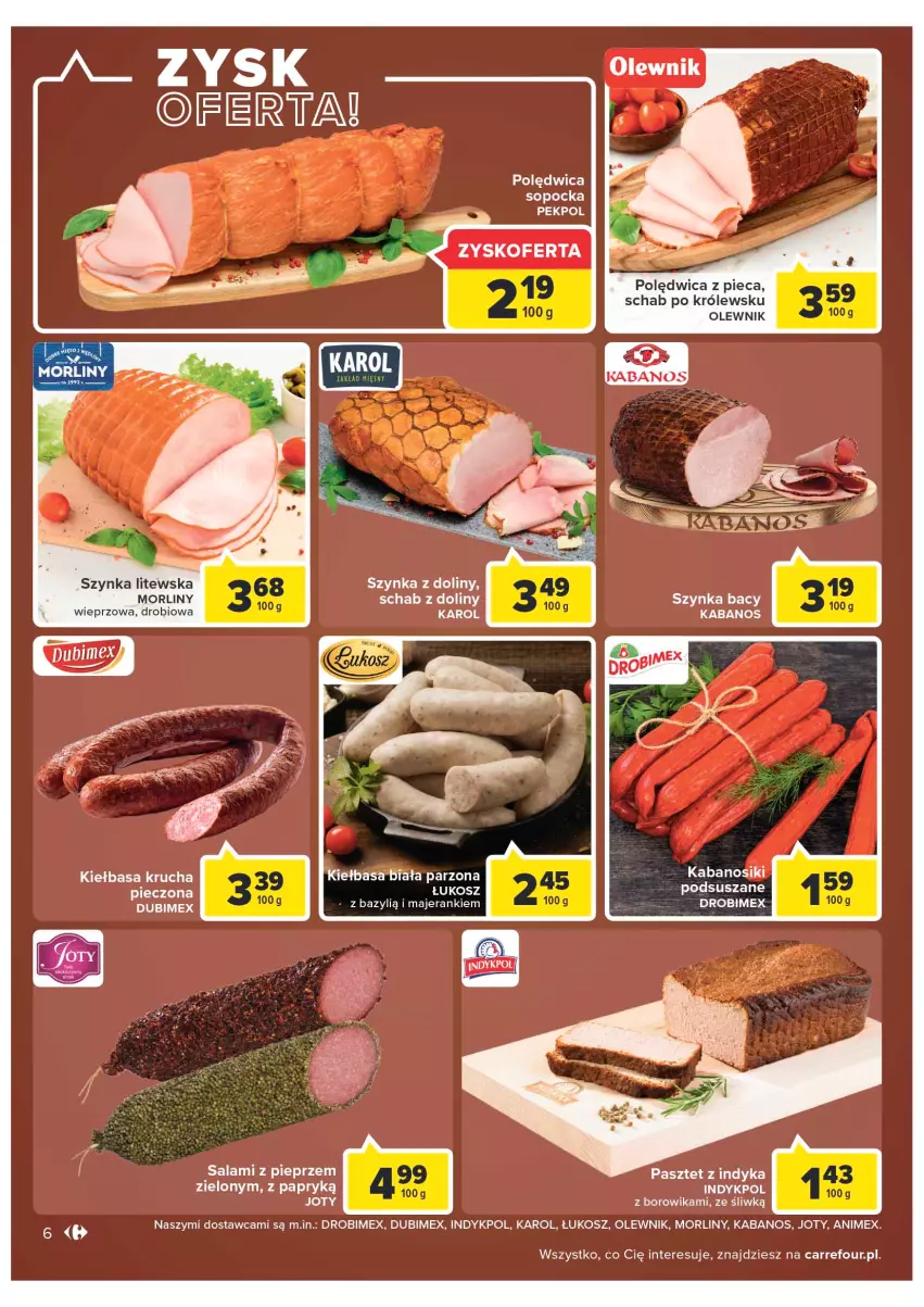 Gazetka promocyjna Carrefour - Gazetka Carrefour Zyskoteka - ważna 11.10 do 15.10.2022 - strona 6 - produkty: Bazyl, Drobimex, Kabanos, Kiełbasa, Kiełbasa krucha, Kosz, Morliny, Olewnik, Pasztet, Pasztet z indyka, Pekpol, Piec, Pieprz, Polędwica, Salami, Szynka