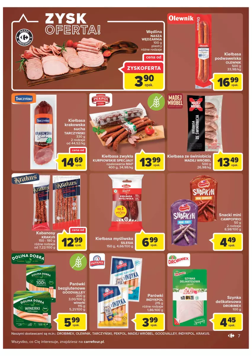 Gazetka promocyjna Carrefour - Gazetka Carrefour Zyskoteka - ważna 11.10 do 15.10.2022 - strona 7 - produkty: BIC, Drobimex, Kabanos, Kiełbasa, Kiełbasa krakowska, Kiełbasa podwawelska, Krakus, Madej Wróbel, Olewnik, Parówki, Pekpol, Szynka, Tarczyński, Wawel, Wędlina