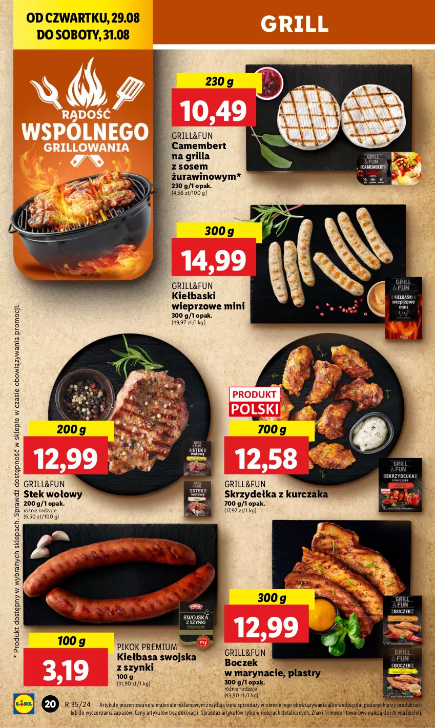 Gazetka promocyjna Lidl - GAZETKA - ważna 29.08 do 31.08.2024 - strona 22 - produkty: Boczek, Camembert, Grill, Kiełbasa, Kurczak, PIKOK, Skrzydełka z kurczaka, Sos, Stek, Stek wołowy, Wino