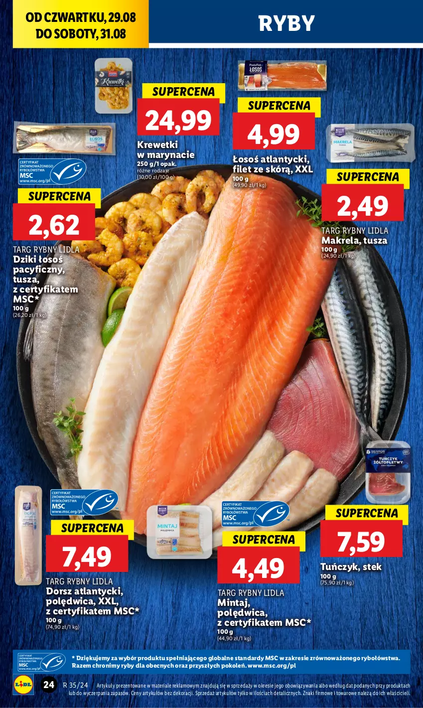 Gazetka promocyjna Lidl - GAZETKA - ważna 29.08 do 31.08.2024 - strona 26 - produkty: Dorsz, Krewetki, Mintaj, Polędwica, Stek, Tuńczyk, Tusz