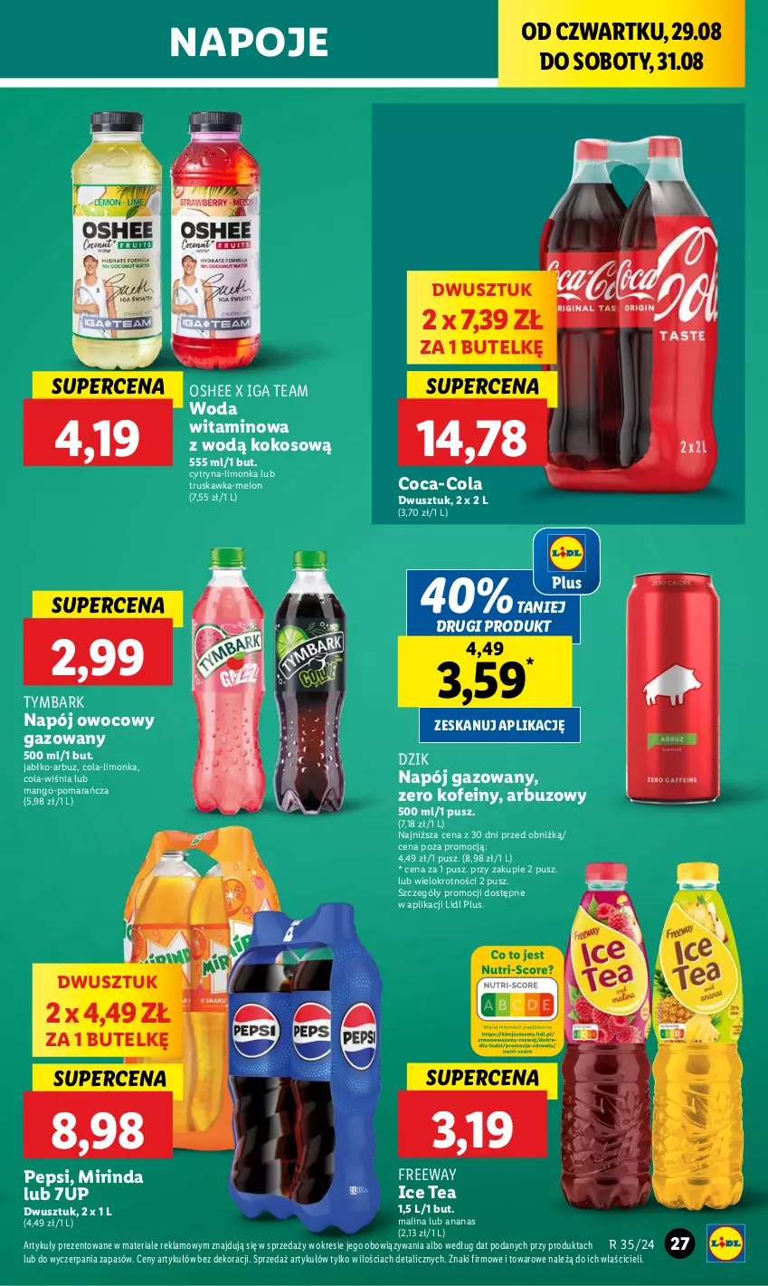 Gazetka promocyjna Lidl - GAZETKA - ważna 29.08 do 31.08.2024 - strona 31 - produkty: 7up, Ananas, Arbuz, Coca-Cola, Ice tea, Kokos, Limonka, Mango, Melon, Mirinda, Napój, Napój gazowany, Napoje, Oshee, Pepsi, Tymbark, Woda