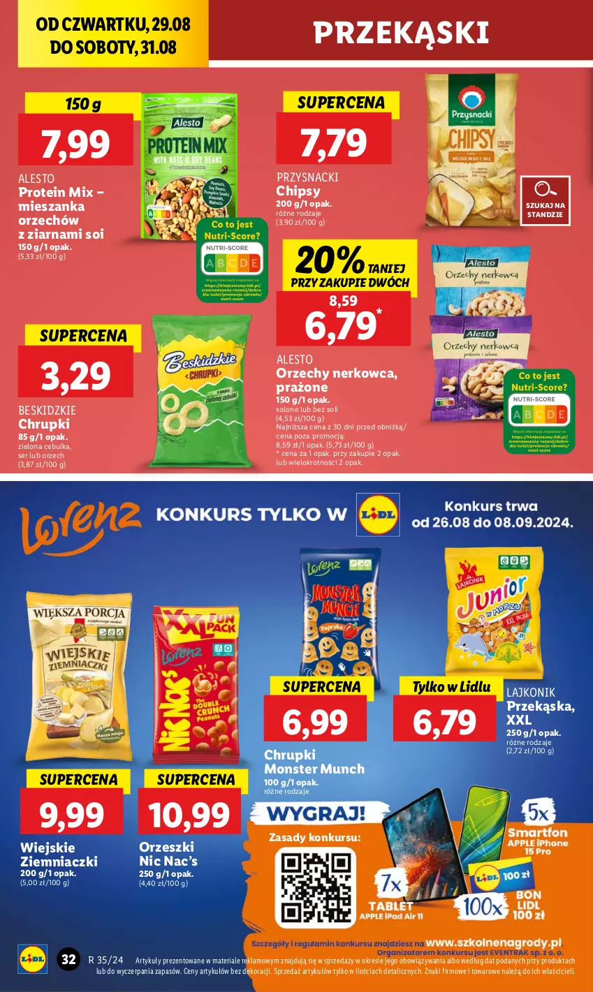 Gazetka promocyjna Lidl - GAZETKA - ważna 29.08 do 31.08.2024 - strona 36 - produkty: Beskidzki, Chipsy, Chrupki, Lajkonik, Monster Munch, Orzeszki, Przysnacki, Ser