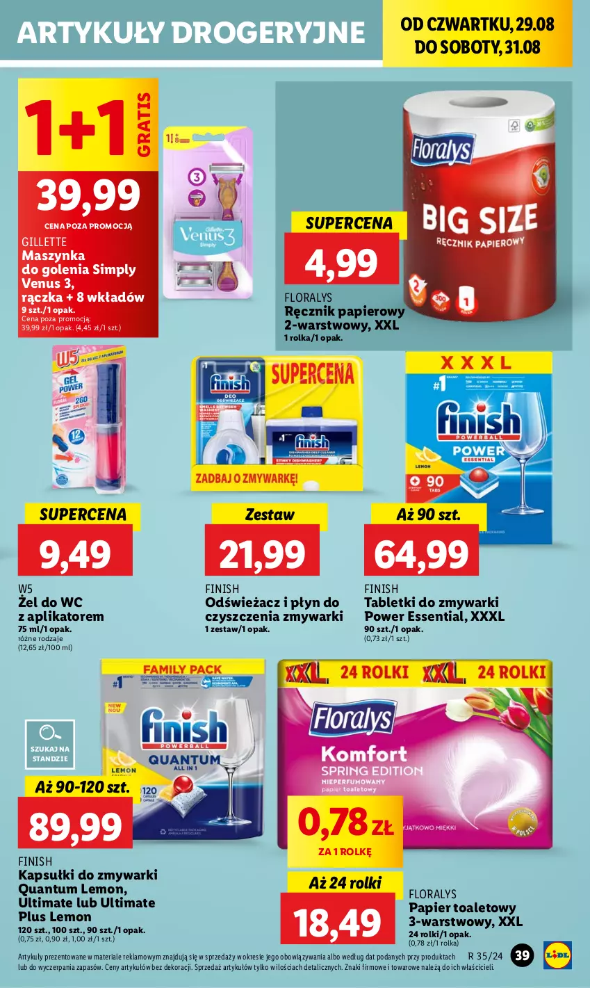 Gazetka promocyjna Lidl - GAZETKA - ważna 29.08 do 31.08.2024 - strona 45 - produkty: Finish, Flora, Gillette, Gra, Maszynka, Maszynka do golenia, Papier, Papier toaletowy, Ręcznik, Rolki, Szynka, Tablet, Tabletki do zmywarki, Venus, Zmywarki