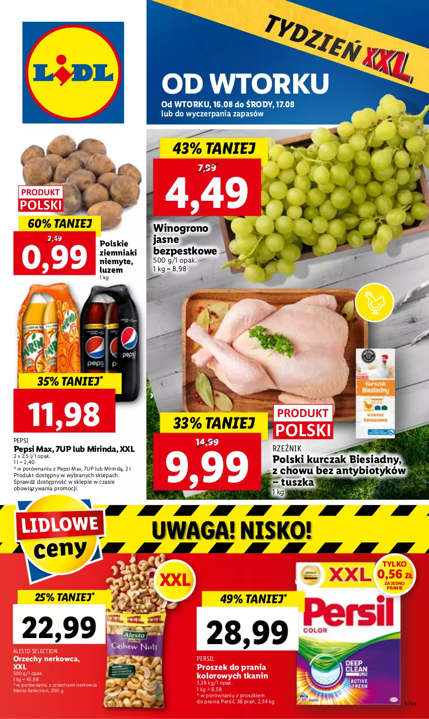 Gazetka promocyjna Lidl - GAZETKA - ważna 16.08 do 17.08.2022 - strona 1 - produkty: 7up, Kurczak, Mirinda, Pepsi, Pepsi max, Persil, Por, Proszek do prania, Tusz, Waga, Wino, Ziemniaki