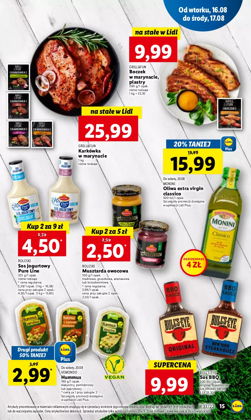 Gazetka promocyjna Lidl - GAZETKA - ważna 16.08 do 17.08.2022 - strona 19 - produkty: Ananas, Boczek, Gin, Grill, Hummus, Jogurt, Monini, Mus, Musztarda, Pur, Sos