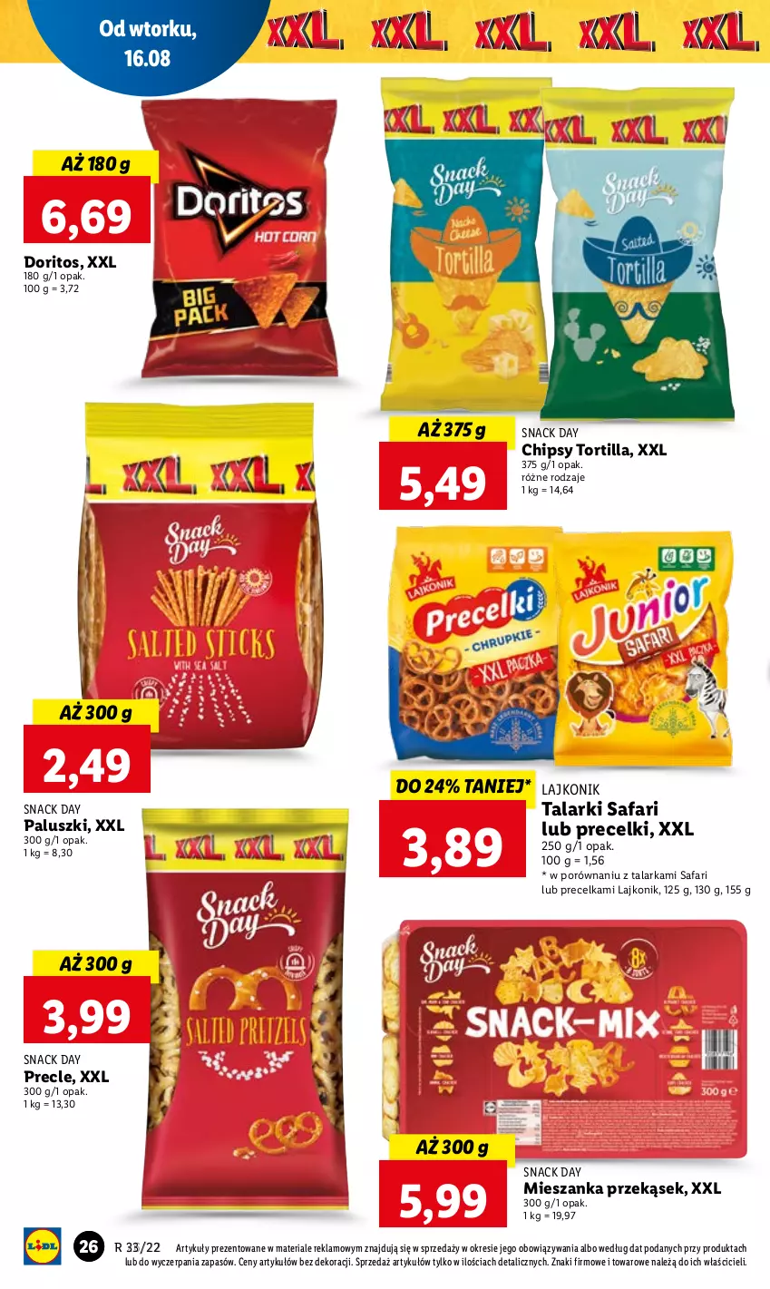 Gazetka promocyjna Lidl - GAZETKA - ważna 16.08 do 17.08.2022 - strona 30 - produkty: Chipsy, Fa, Lajkonik, Por, Precelki, Precle, Tortilla