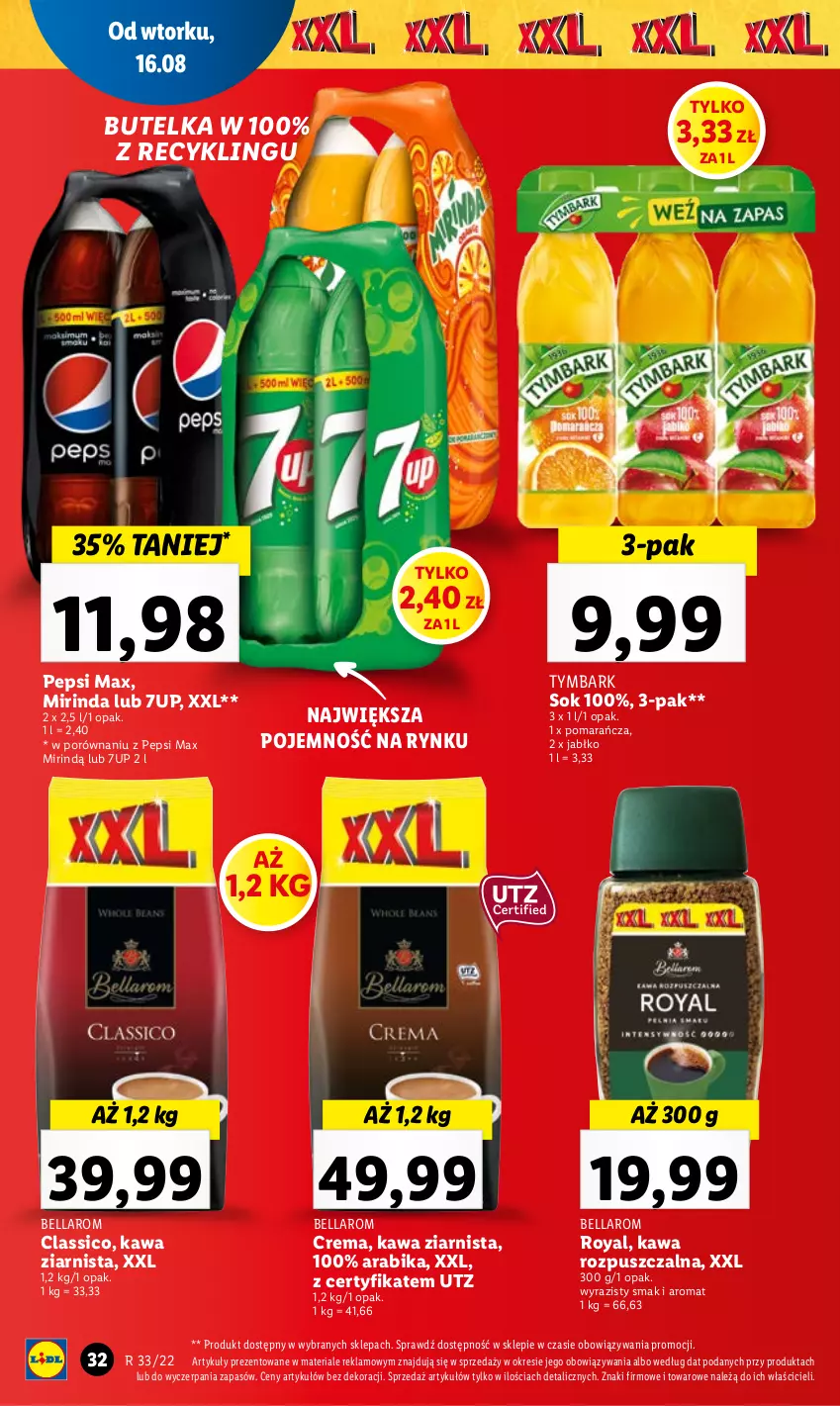 Gazetka promocyjna Lidl - GAZETKA - ważna 16.08 do 17.08.2022 - strona 36 - produkty: 7up, Bell, Bella, Kawa, Kawa rozpuszczalna, Kawa ziarnista, Mirinda, Pepsi, Pepsi max, Por, Sok, Tymbark