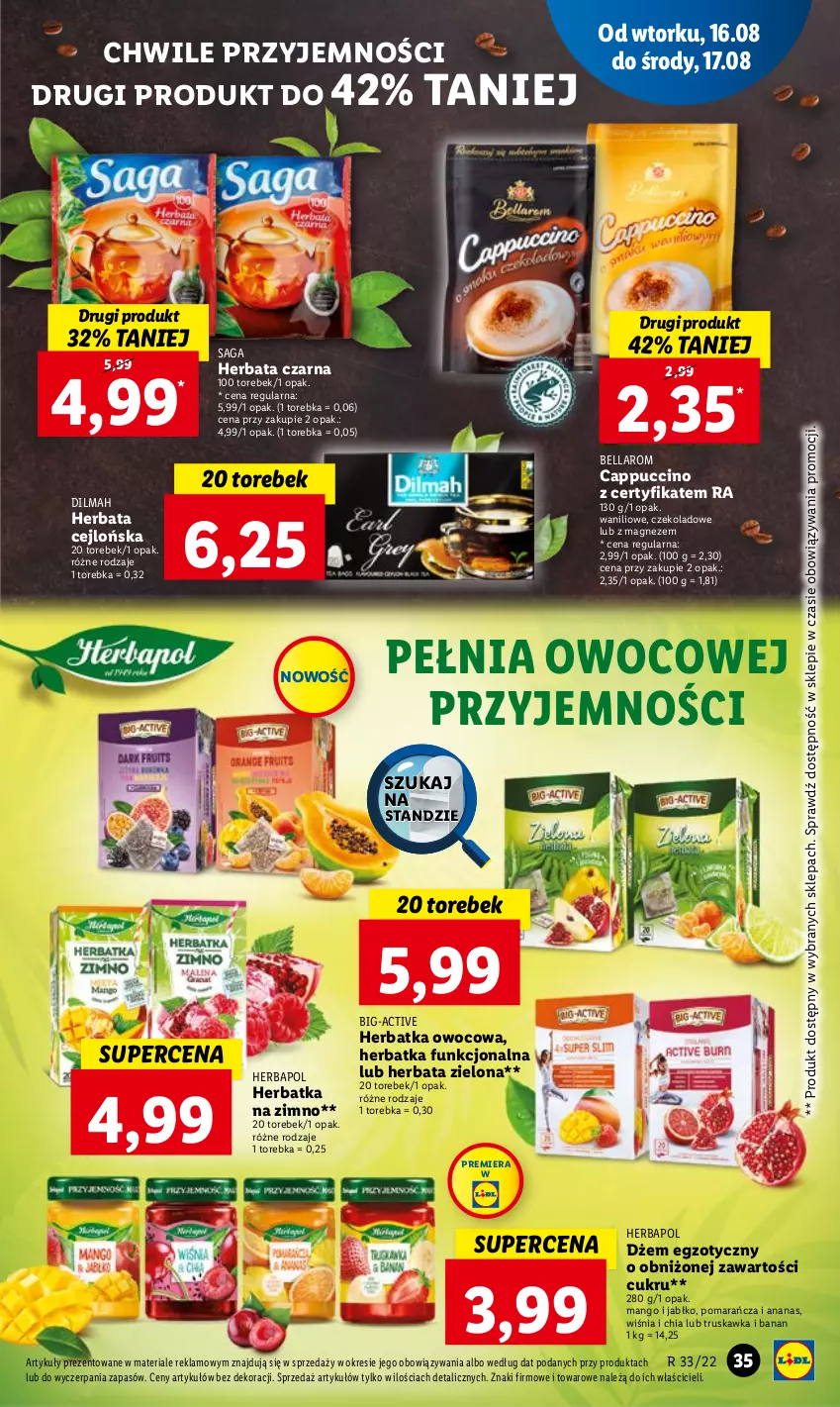 Gazetka promocyjna Lidl - GAZETKA - ważna 16.08 do 17.08.2022 - strona 39 - produkty: Ananas, Bell, Bella, Cappuccino, Chia, Dilmah, Dżem, Herbapol, Herbata, Herbata czarna, Magnez, Mango, Saga, Torebka