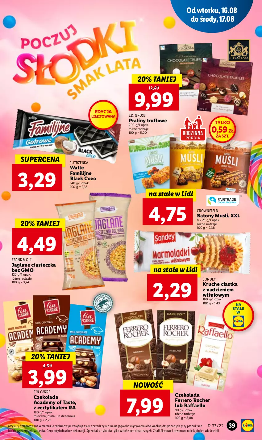 Gazetka promocyjna Lidl - GAZETKA - ważna 16.08 do 17.08.2022 - strona 43 - produkty: Baton, Ciastka, Czekolada, Deser, Fa, Ferrero, Ferrero Rocher, Jutrzenka, Lack, Mus, Praliny, Raffaello, Ser