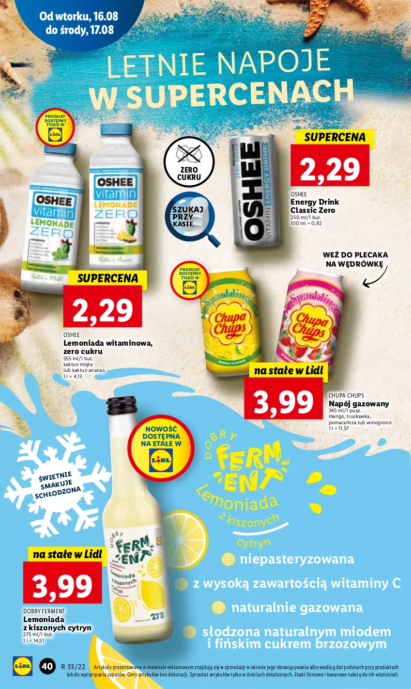 Gazetka promocyjna Lidl - GAZETKA - ważna 16.08 do 17.08.2022 - strona 44 - produkty: Ananas, Chupa Chups, Kaktus, Lemoniada, Mango, Mięta, Napój, Napój gazowany, Napoje, Oshee, Plecak, Sok, Wino