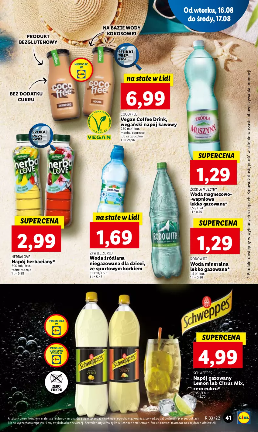 Gazetka promocyjna Lidl - GAZETKA - ważna 16.08 do 17.08.2022 - strona 45 - produkty: Cappuccino, Dzieci, Kokos, LANA, Magnez, Mus, Napój, Napój gazowany, Por, Schweppes, Sport, Szyny, Woda, Woda mineralna