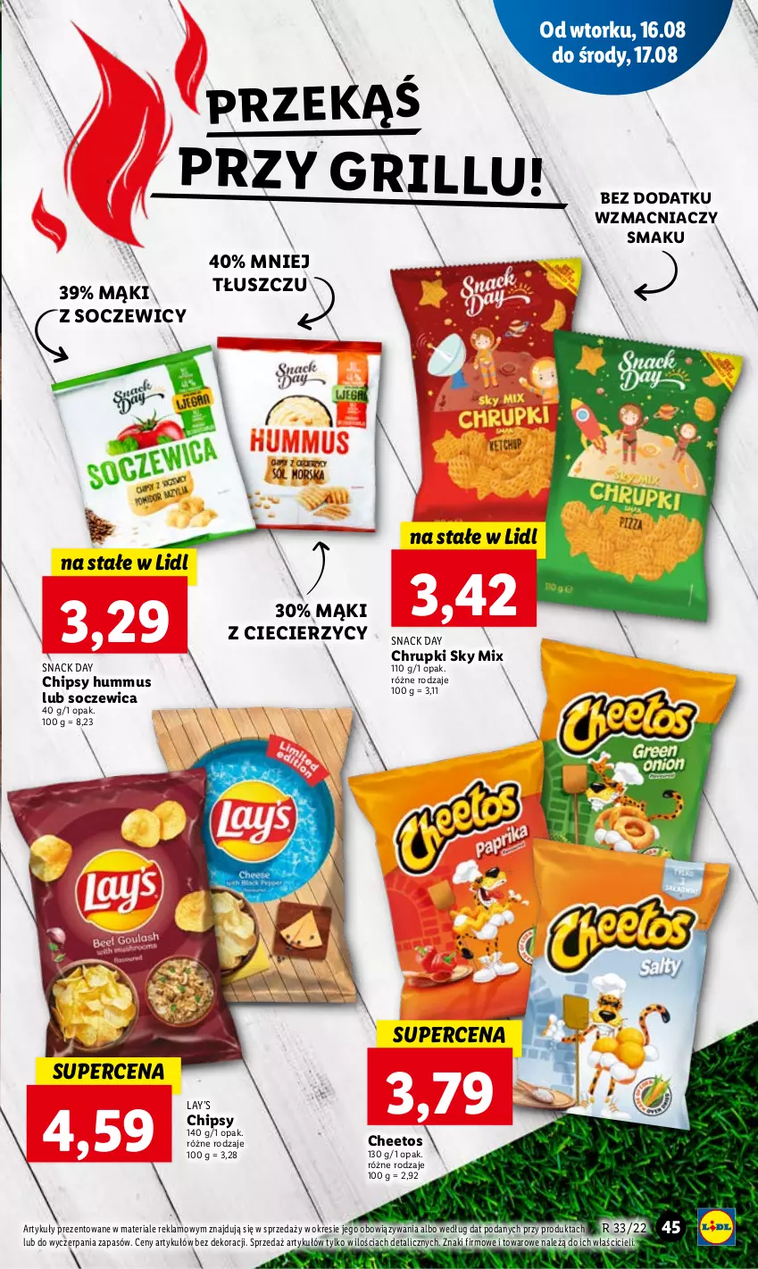 Gazetka promocyjna Lidl - GAZETKA - ważna 16.08 do 17.08.2022 - strona 49 - produkty: Cheetos, Chipsy, Chrupki, Grill, Hummus, Lay’s, Mus