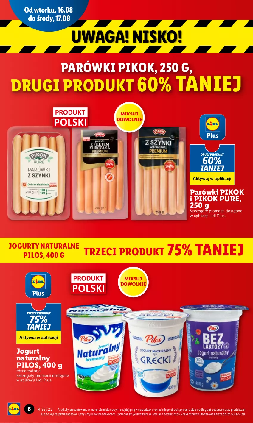 Gazetka promocyjna Lidl - GAZETKA - ważna 16.08 do 17.08.2022 - strona 6 - produkty: Jogurt, Jogurt naturalny, Parówki, PIKOK, Pilos, Pur, Waga