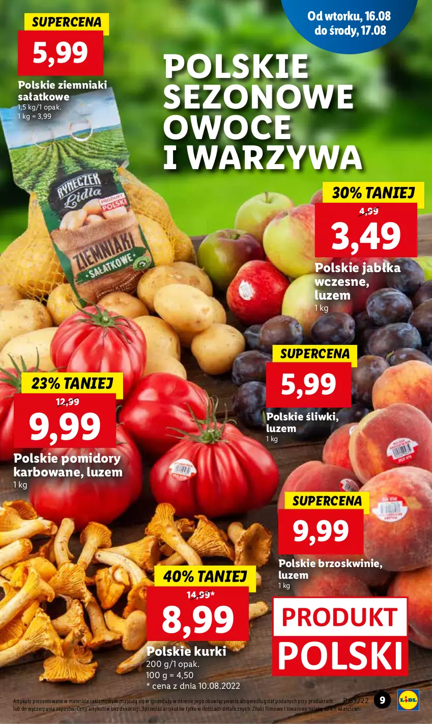 Gazetka promocyjna Lidl - GAZETKA - ważna 16.08 do 17.08.2022 - strona 9 - produkty: Brzoskwinie, Jabłka, Owoce, Pomidory, Sałat, Warzywa, Ziemniaki