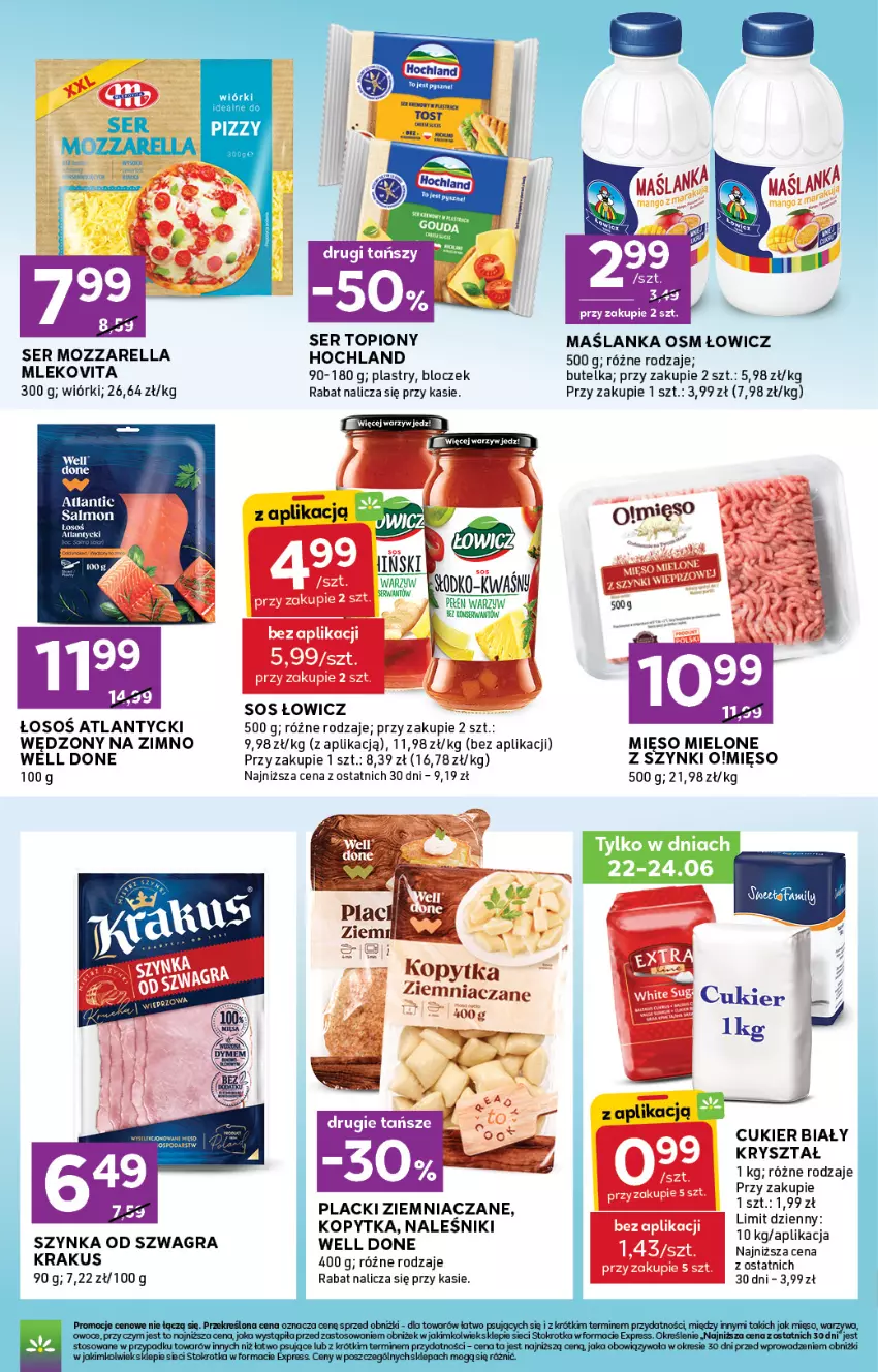 Gazetka promocyjna Stokrotka - Express - ważna 18.06 do 24.06.2026 - strona 4 - produkty: Cukier, Fa, Gra, Hochland, Kopytka, Krakus, Lack, Maślanka, Mięso, Mięso mielone, Mleko, Mlekovita, Mozzarella, Naleśniki, Owoce, Ser, Ser topiony, Sos, Szynka, Top