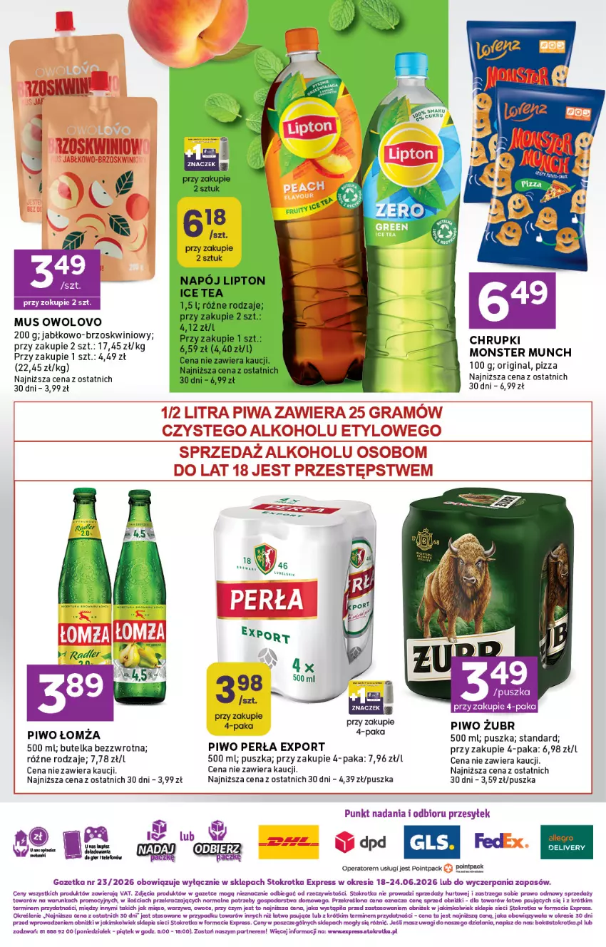 Gazetka promocyjna Stokrotka - Express - ważna 18.06 do 24.06.2026 - strona 6 - produkty: Chrupki, Gin, Mięso, Monster Munch, Mus, O nas, Owoce, Perła, Piwo, Pizza, Por, Wagi, Warzywa