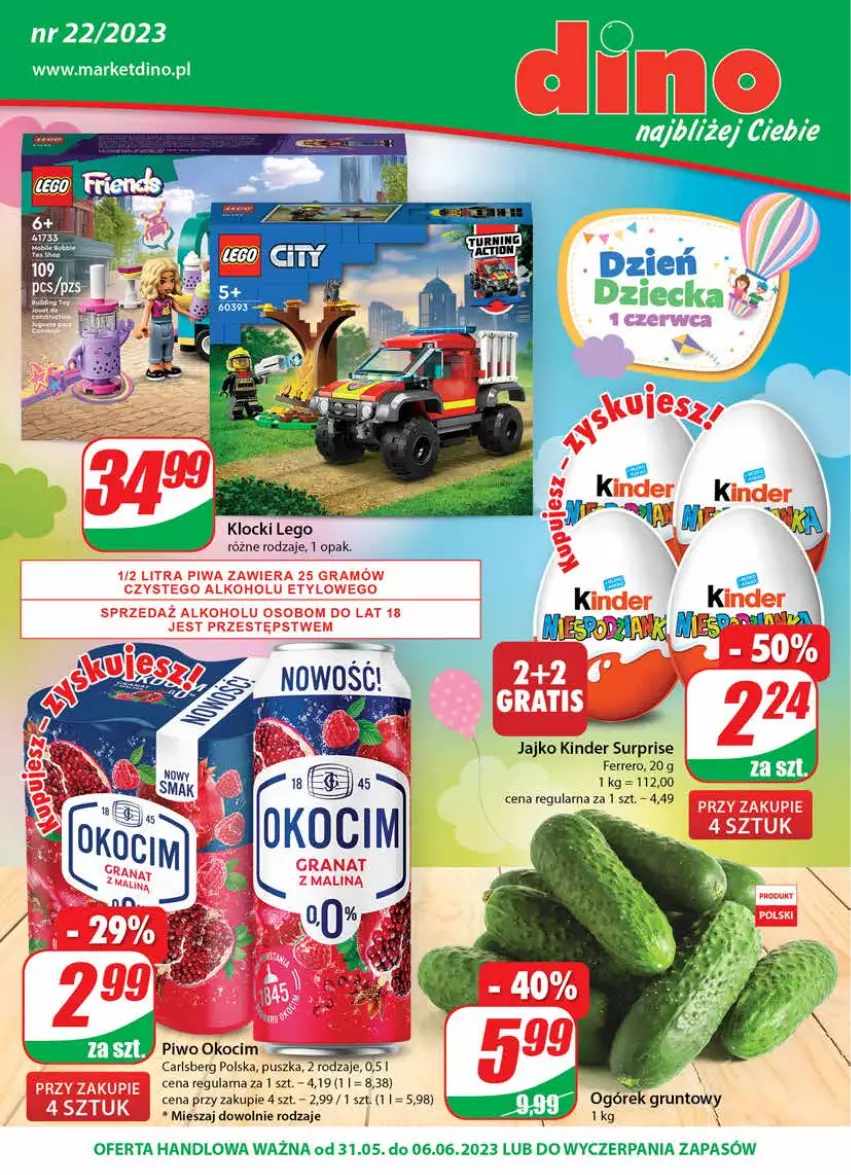 Gazetka promocyjna Dino - Gazetka 22 - ważna 31.05 do 06.06.2023 - strona 1 - produkty: Carlsberg, Ferrero, Gra, Granat, Grunt, Kinder, Kinder Surprise, Klocki, Koc, LEGO, Ogórek, Okocim, Piwa, Piwo