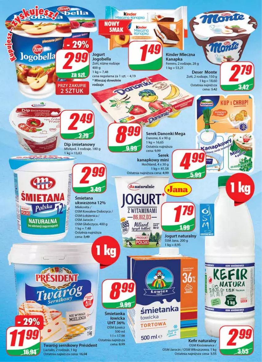 Gazetka promocyjna Dino - Gazetka 22 - ważna 31.05 do 06.06.2023 - strona 14 - produkty: Bell, Bella, Danone, Danonki, Deser, Ferrero, Hochland, Jogobella, Jogurt, Jogurt naturalny, Kefir, Kefir naturalny, Kinder, Monte, Ser, Serek, Zott