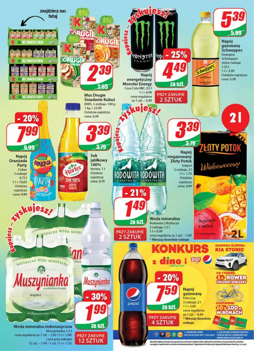 Gazetka promocyjna Dino - Gazetka 22 - ważna 31.05 do 06.06.2023 - strona 2 - produkty: Gin, Kubuś, Magnez, Mus, Napój, Napój energetyczny, Napój gazowany, Oranżada, Schweppes, Sok, Woda, Woda mineralna