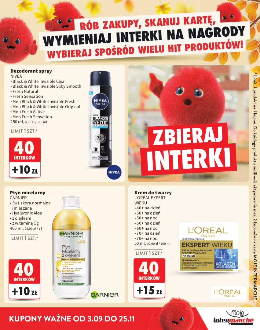 Gazetka promocyjna Intermarche - Gazetka Intermarche - ważna 03.09 do 25.11.2026 - strona 27 - produkty: Dezodorant, Garnier, Gin, Krem do twarzy, L’Oréal, Lack, Nivea, Olej, Płyn micelarny, Sati