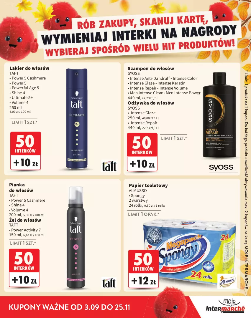 Gazetka promocyjna Intermarche - Gazetka Intermarche - ważna 03.09 do 25.11.2026 - strona 29 - produkty: Lakier, Lakier do włosów, Mus, Odżywka, Papier, Papier toaletowy, Pianka do włosów, Rolki, Syoss, Szampon, Taft