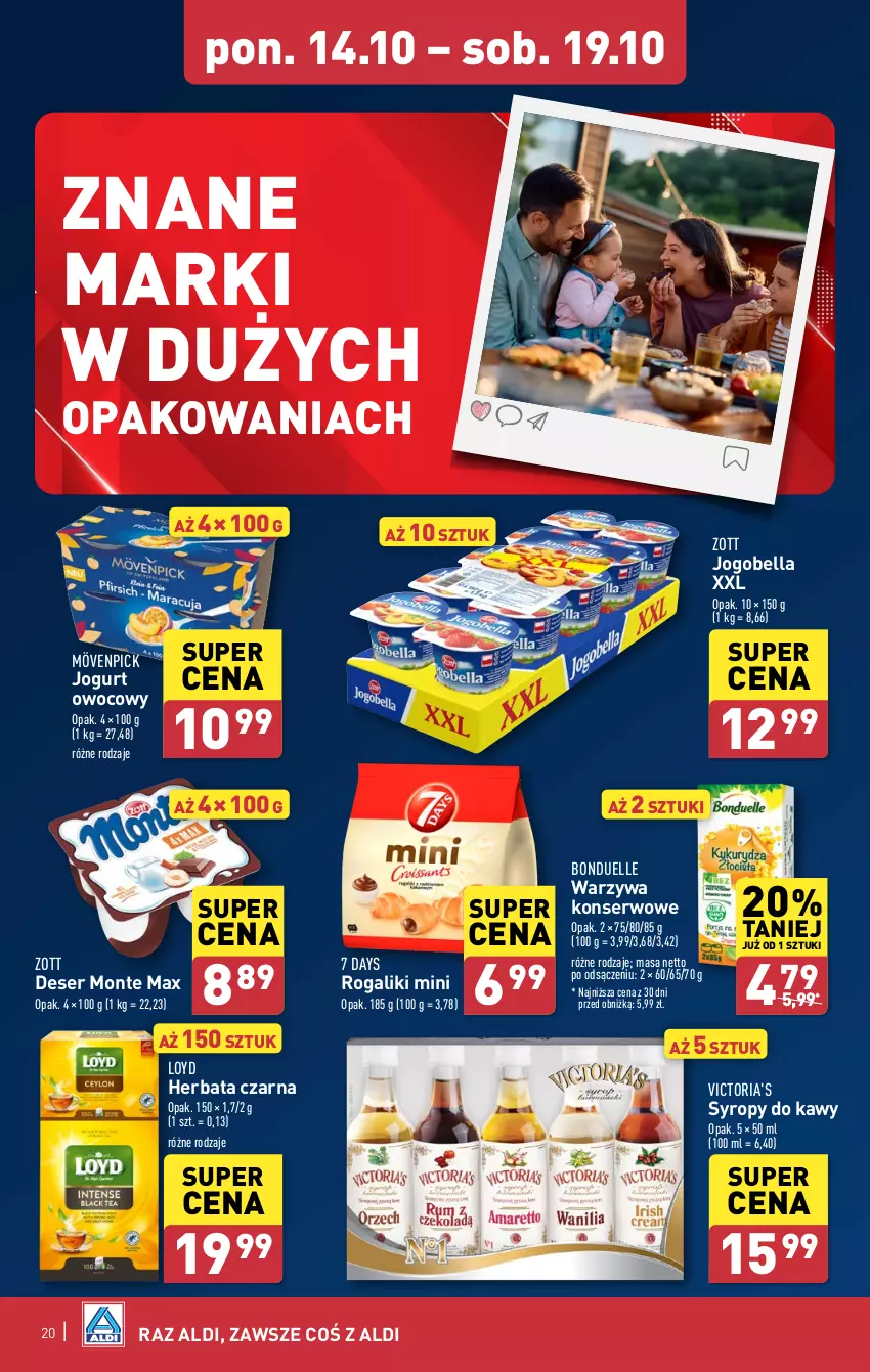 Gazetka promocyjna Aldi - Pełna oferta - ważna 14.10 do 19.10.2024 - strona 20 - produkty: 7 Days, Bell, Bella, Bonduelle, Deser, Herbata, Herbata czarna, Jogobella, Jogurt, Jogurt owocowy, Loyd, Monte, Rogal, Ser, Syrop, Syropy, Warzywa, Warzywa konserwowe, Zott