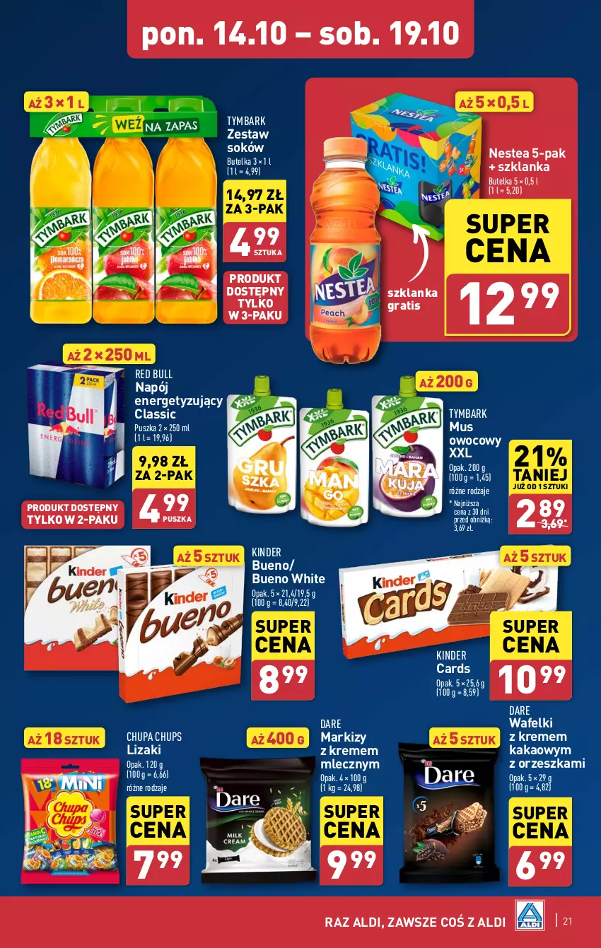 Gazetka promocyjna Aldi - Pełna oferta - ważna 14.10 do 19.10.2024 - strona 21 - produkty: Chupa Chups, Gra, Kakao, Kinder, Lizaki, Mus, Napój, Nestea, Red Bull, Sok, Szklanka, Tymbark