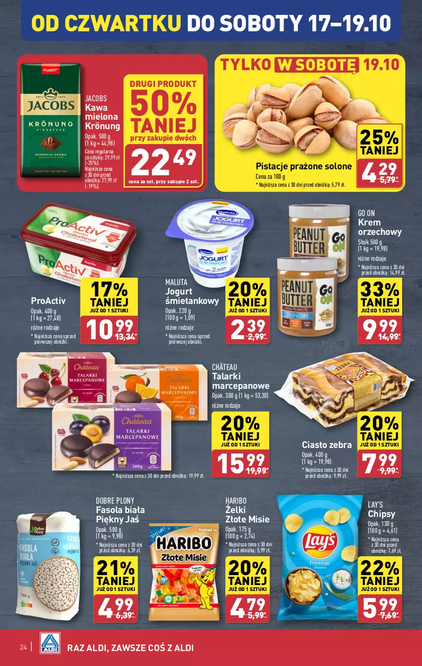 Gazetka promocyjna Aldi - Pełna oferta - ważna 14.10 do 19.10.2024 - strona 24 - produkty: Chipsy, Fa, Fasola, Haribo, Jacobs, Jogurt, Kawa, Kawa mielona, Krem orzechowy, Pistacje