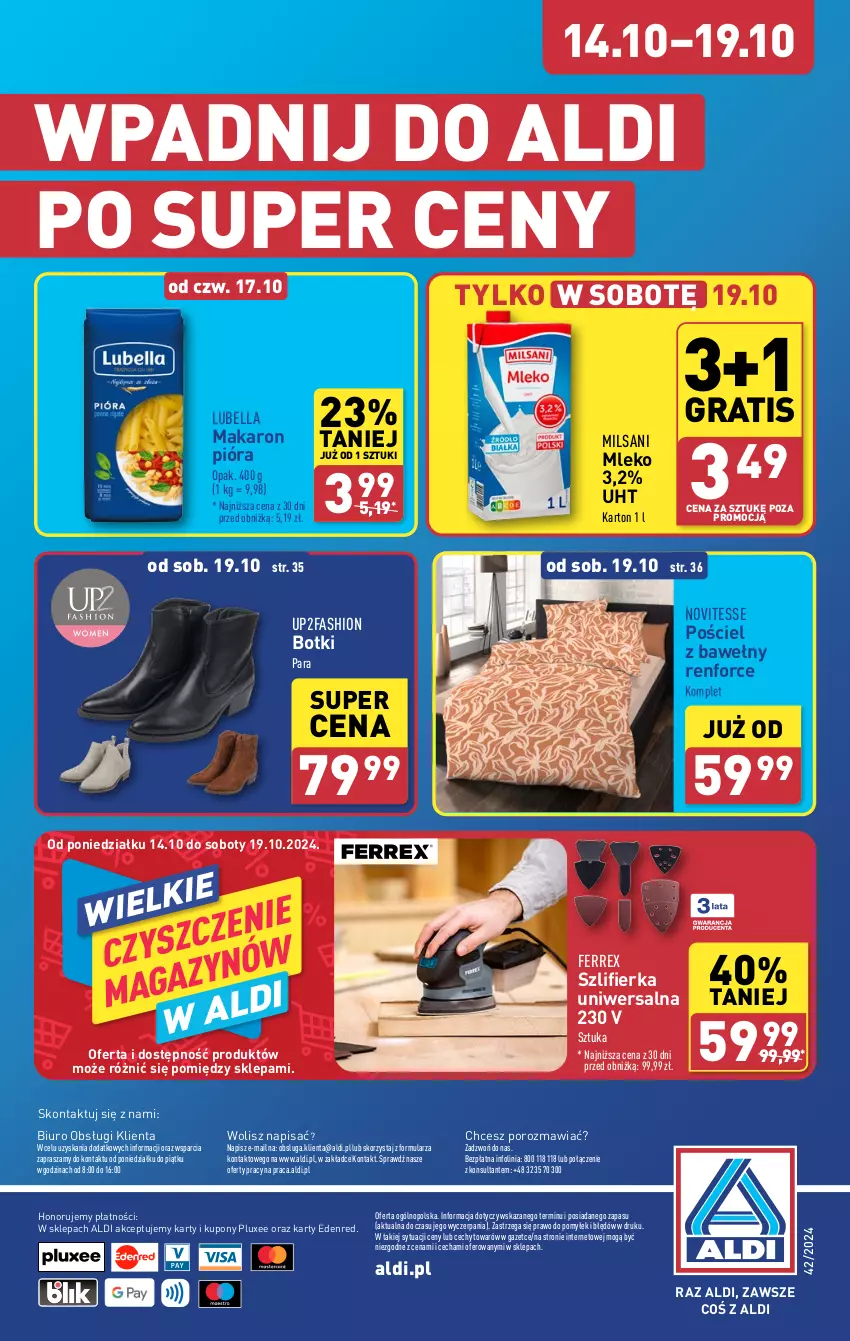 Gazetka promocyjna Aldi - Pełna oferta - ważna 14.10 do 19.10.2024 - strona 40 - produkty: Bell, Bella, Biuro, Botki, Fa, Gra, Lubella, Makaron, Mleko, O nas, Por, Pościel, Szlifierka