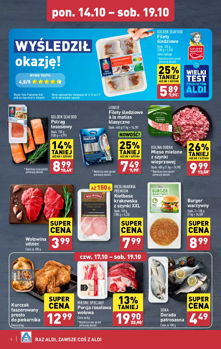 Gazetka promocyjna Aldi - Pełna oferta - ważna 14.10 do 19.10.2024 - strona 6 - produkty: Burger, Fa, Golden Seafood, Kiełbasa, Kiełbasa krakowska, Kurczak, Lisner, Mięsne specjały, Mięso, Mięso mielone, Mięso mielone z szynki, Piekarnik, Por, Pstrąg, Pstrąg łososiowy, Sos, Wołowina