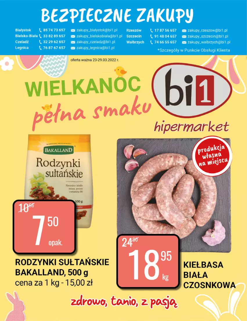 Gazetka promocyjna Bi1 - Wielkanoc pełna smaku - ważna 23.03 do 29.03.2022 - strona 1 - produkty: Bakalland, Kiełbasa, Kiełbasa biała, Piec, Rodzynki