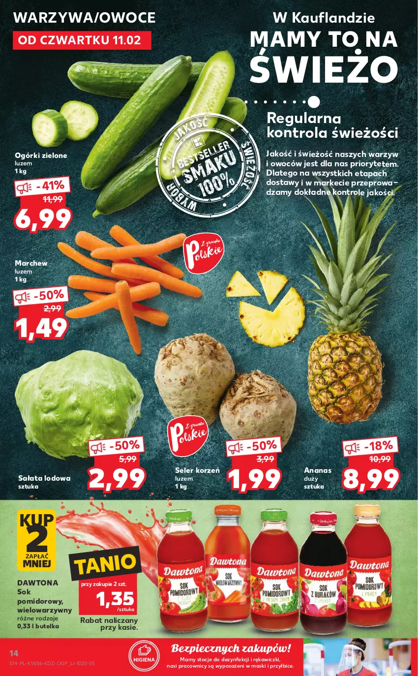 Gazetka promocyjna Kaufland - OFERTA TYGODNIA - ważna 11.02 do 17.02.2021 - strona 14 - produkty: Ananas, BIC, Dawtona, Owoce, Piec, Sałat, Sałata lodowa, Seler korzeń, Sok, Sok pomidorowy, Warzywa