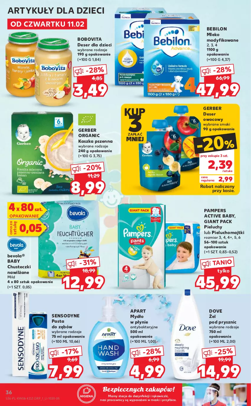 Gazetka promocyjna Kaufland - OFERTA TYGODNIA - ważna 11.02 do 17.02.2021 - strona 36 - produkty: BIC, BoboVita, Chusteczki, Deser, Deser owocowy, Dove, Dzieci, Gerber, Majtki, Mleko, Mleko modyfikowane, Mydło, Mydło w płynie, Pampers, Pasta do zębów, Piec, Pieluchomajtki, Pieluchy, Sensodyne, Ser