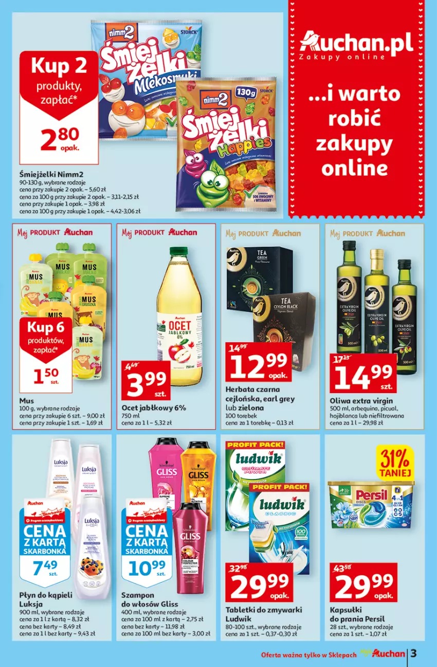 Gazetka promocyjna Auchan - Tygodniowe przeNISKIE CENY Moje Auchan - ważna 18.08 do 24.08.2022 - strona 3 - produkty: Earl Grey, Gin, Herbata, Herbata czarna, Ludwik, Luksja, Mus, Nimm2, Ocet, Persil, Płyn do kąpieli, Szampon, Tablet, Tabletki do zmywarki, Zmywarki