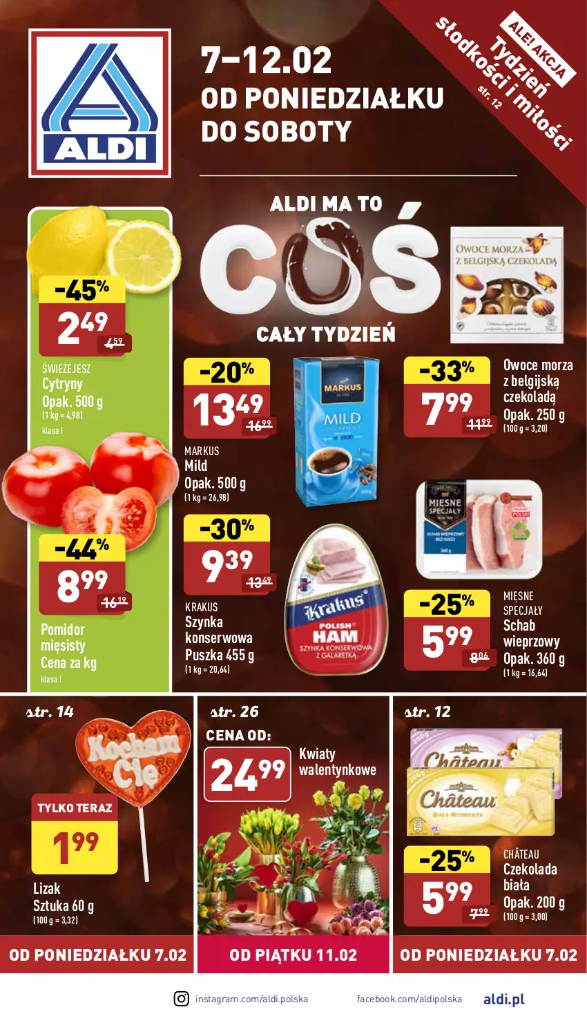 Gazetka promocyjna Aldi - Pełny katalog - ważna 07.02 do 12.02.2022 - strona 1 - produkty: Cytryny, Czekolada, Fa, Gra, Krakus, LG, Mięsne specjały, Owoce, Owoce morza, Schab wieprzowy, Ser, Szynka, Szynka konserwowa, Tera