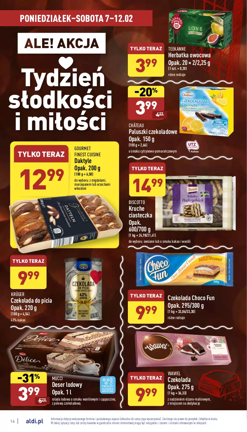 Gazetka promocyjna Aldi - Pełny katalog - ważna 07.02 do 12.02.2022 - strona 16 - produkty: Cappuccino, Czekolada, Daktyle, Deser, Kakao, Rolada, Róża, Ser, Teekanne, Tera, Wawel