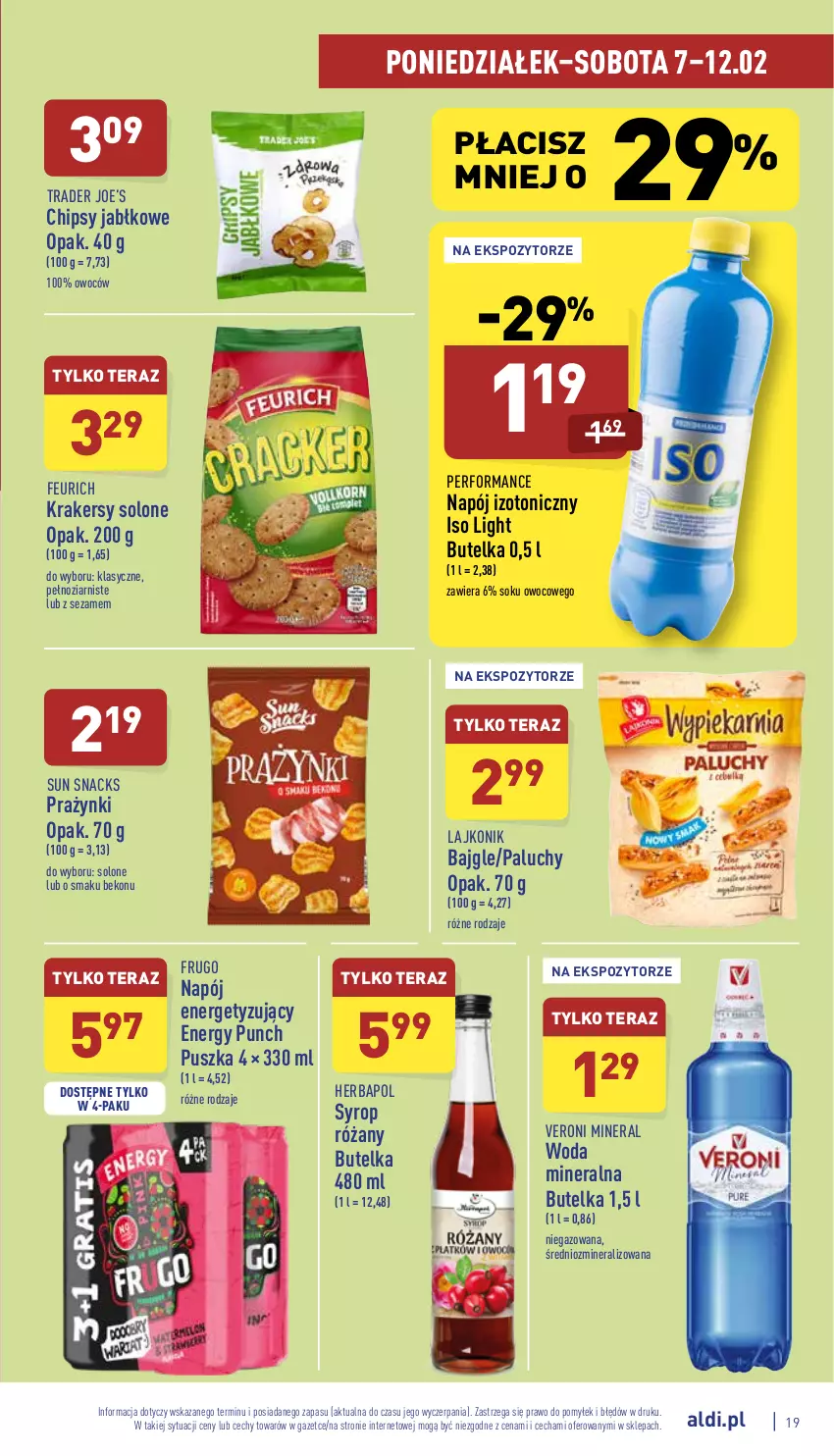 Gazetka promocyjna Aldi - Pełny katalog - ważna 07.02 do 12.02.2022 - strona 19 - produkty: Bajgle, Beko, Chipsy, Herbapol, Krakersy, Lajkonik, Napój, Napój izotoniczny, Róża, Sezam, Sok, Syrop, Tera, Woda, Woda mineralna