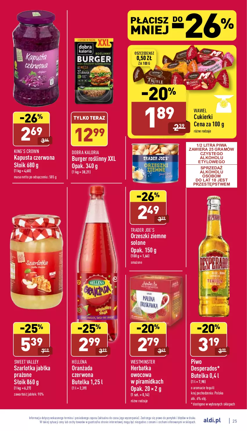 Gazetka promocyjna Aldi - Pełny katalog - ważna 07.02 do 12.02.2022 - strona 25 - produkty: Burger, Cukier, Cukierki, Desperados, Gra, Hellena, Jabłka, Jabłka prażone, King’s Crown, Oranżada, Orzeszki, Orzeszki ziemne, Piwa, Piwo, Szarlotka, Tera, Wawel